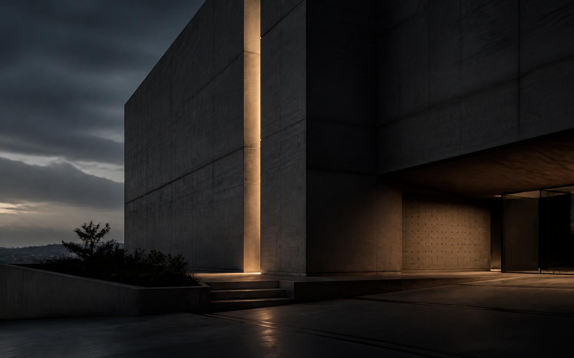 Façade en béton d'un bâtiment contemporain conçu par Atelier 27, au crépuscule